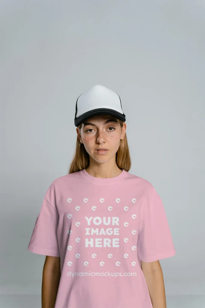 Woman Wearing Pink T-shirt Mockup Front View Template