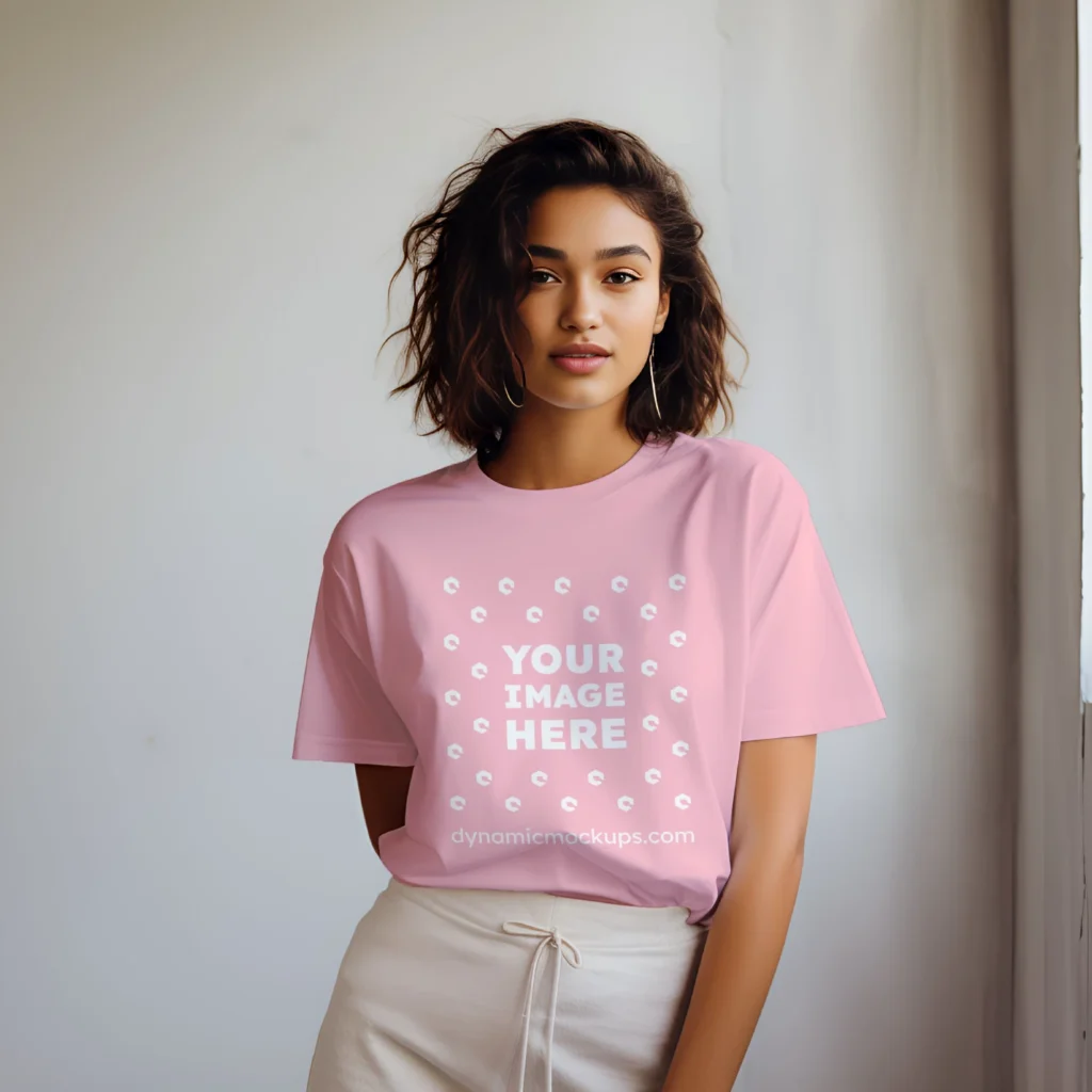 Woman Wearing Pink T-shirt Mockup Front View Template