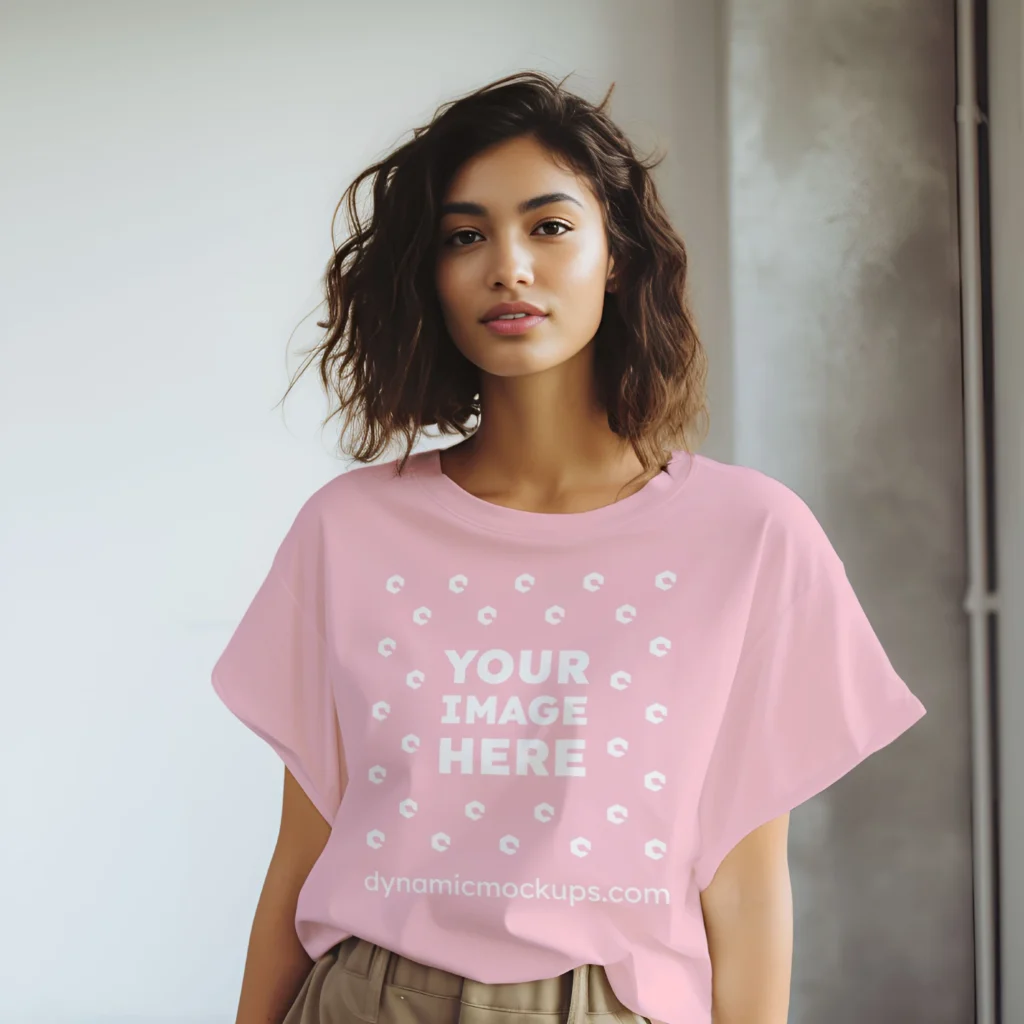 Woman Wearing Pink T-shirt Mockup Front View Template