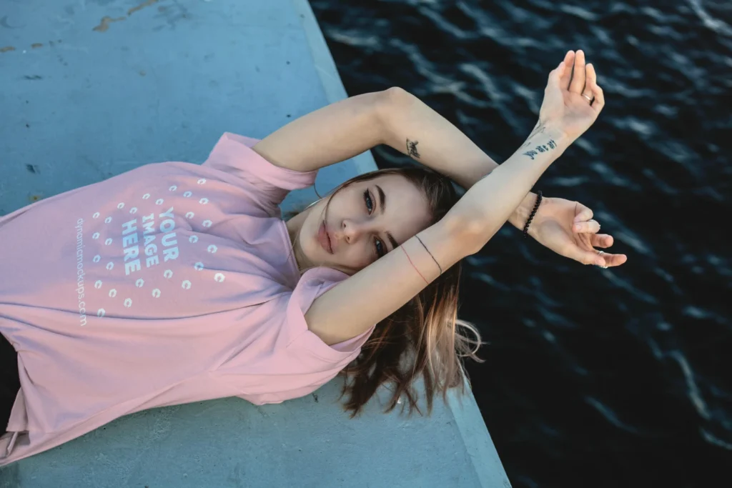 Woman Wearing Pink T-shirt Mockup Front View Template