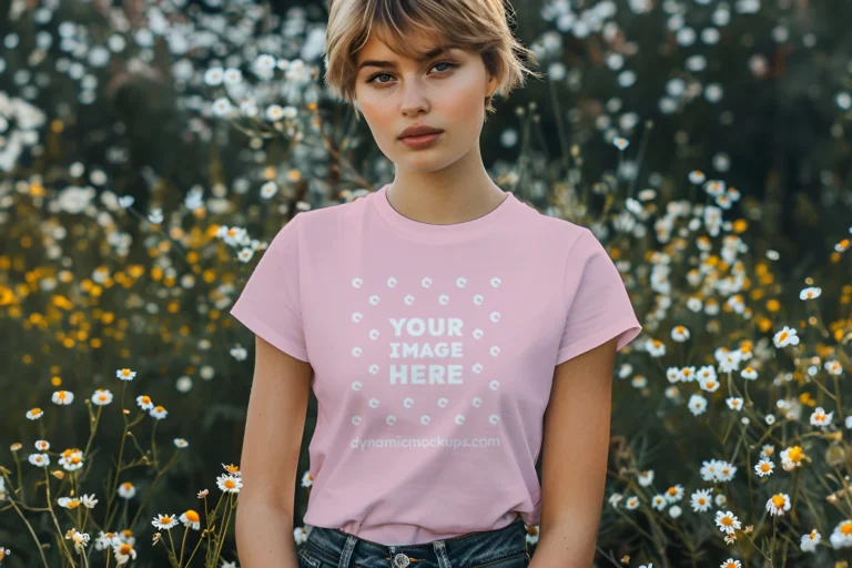 Woman Wearing Pink T-shirt Mockup Front View Template