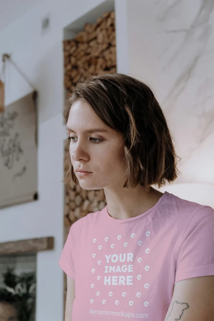 Woman Wearing Pink T-shirt Mockup Front View Template