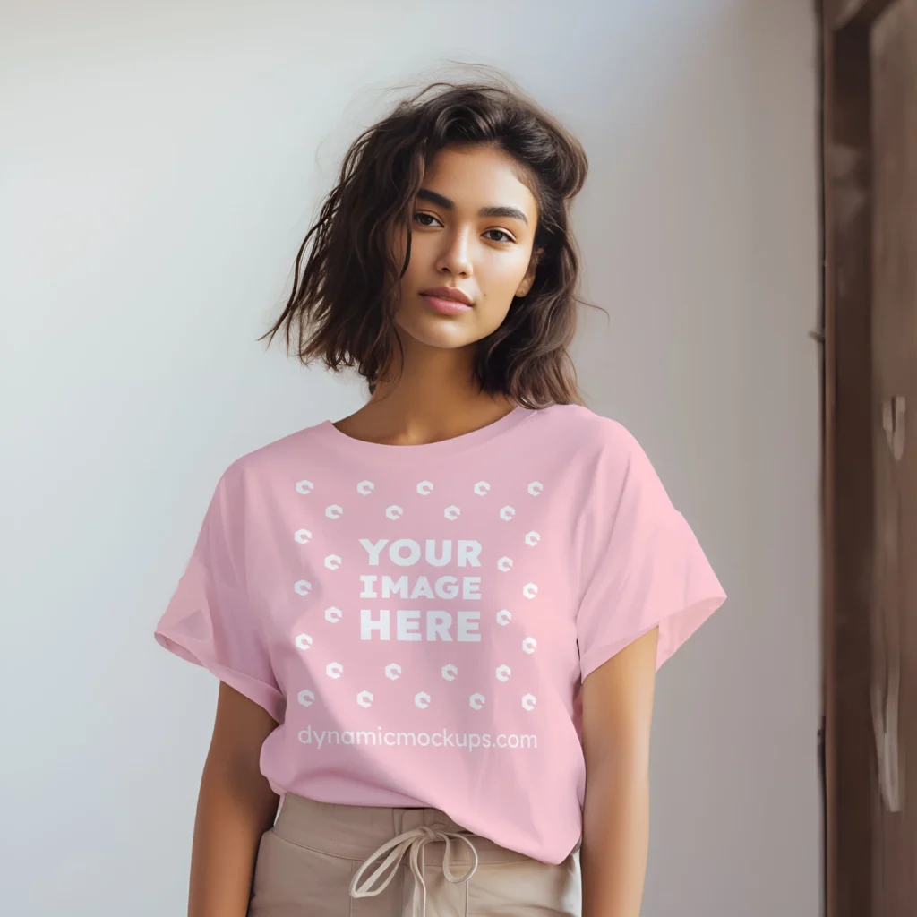 Woman Wearing Pink T-shirt Mockup Front View Template