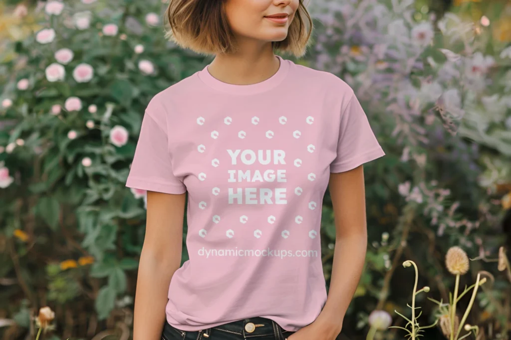 Woman Wearing Pink T-shirt Mockup Front View Template