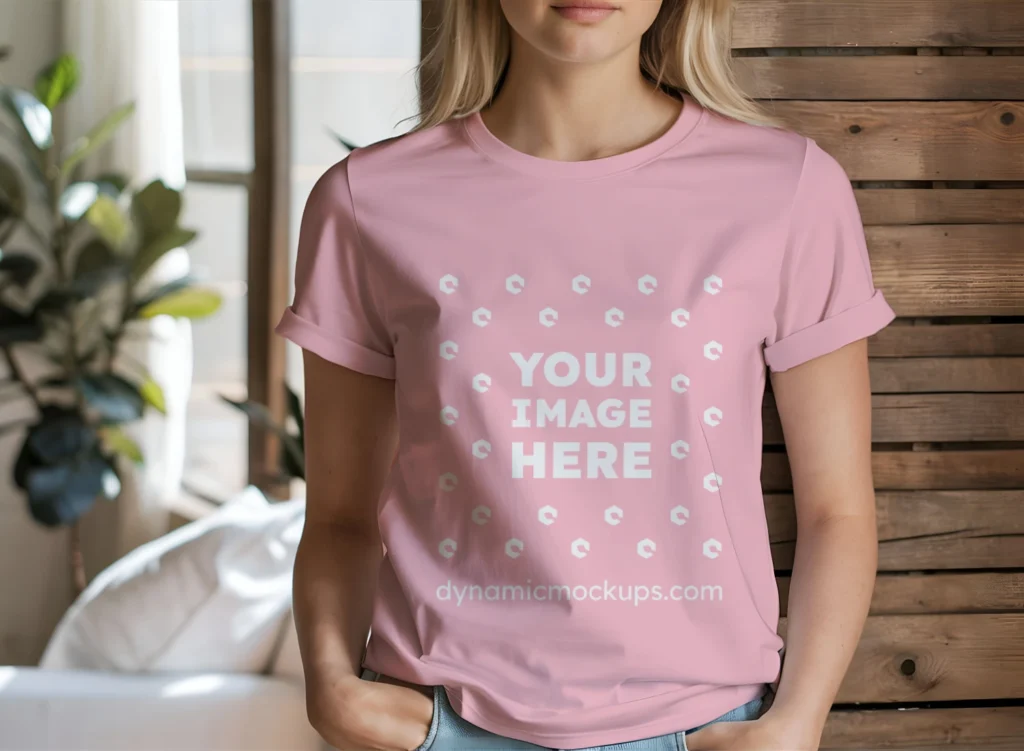 Woman Wearing Pink T-shirt Mockup Front View Template