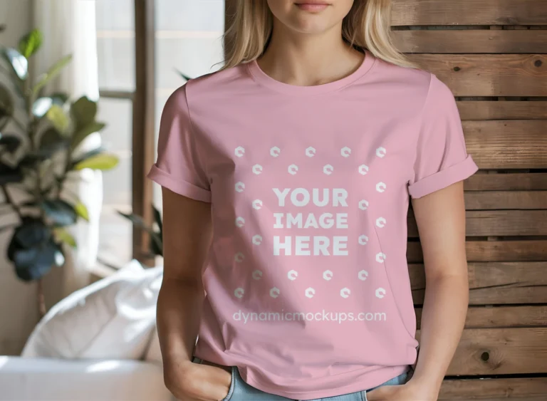 Woman Wearing Pink T-shirt Mockup Front View Template