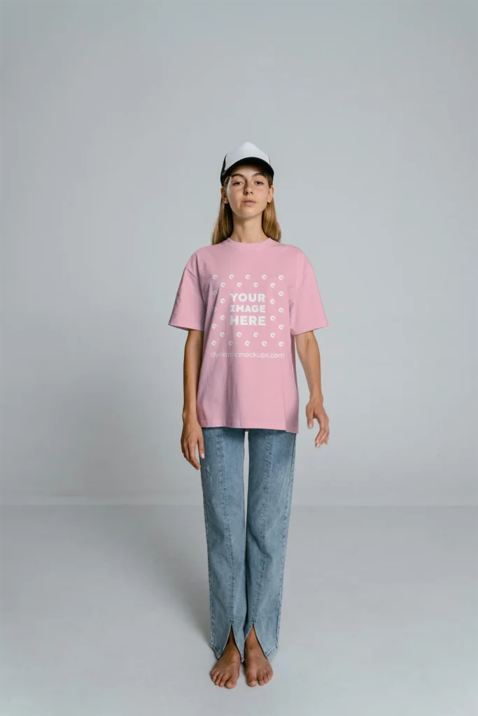 Woman Wearing Pink T-shirt Mockup Front View Template