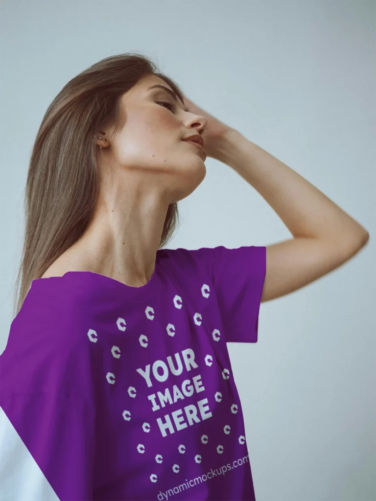 Woman Wearing Purple T-shirt Mockup Front View Template