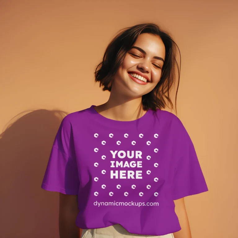 Woman Wearing Purple T-shirt Mockup Front View Template