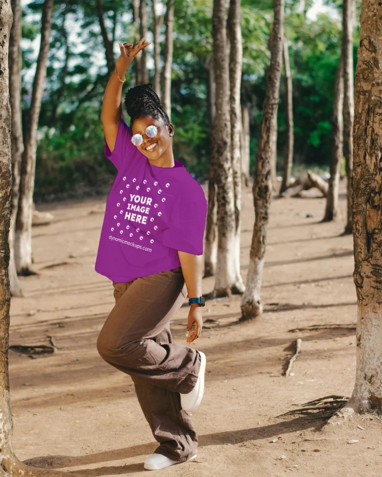 Woman Wearing Purple T-shirt Mockup Front View Template