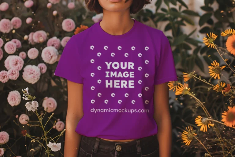 Woman Wearing Purple T-shirt Mockup Front View Template