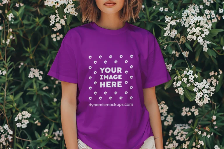 Woman Wearing Purple T-shirt Mockup Front View Template