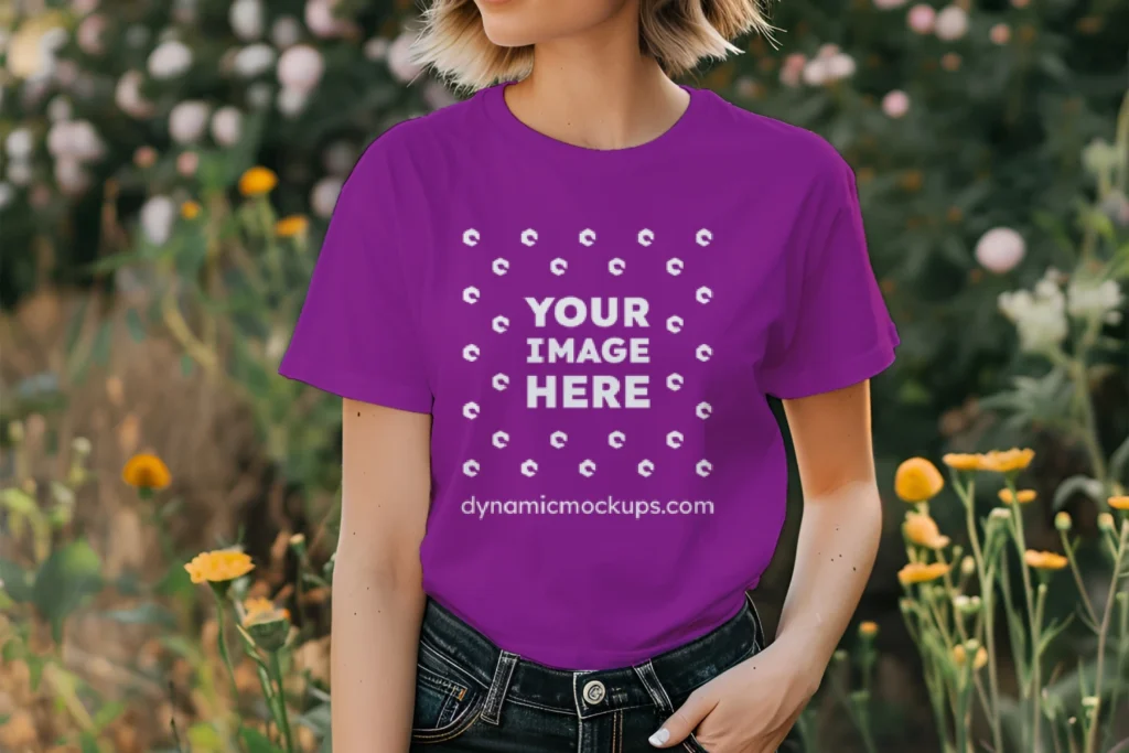 Woman Wearing Purple T-shirt Mockup Front View Template