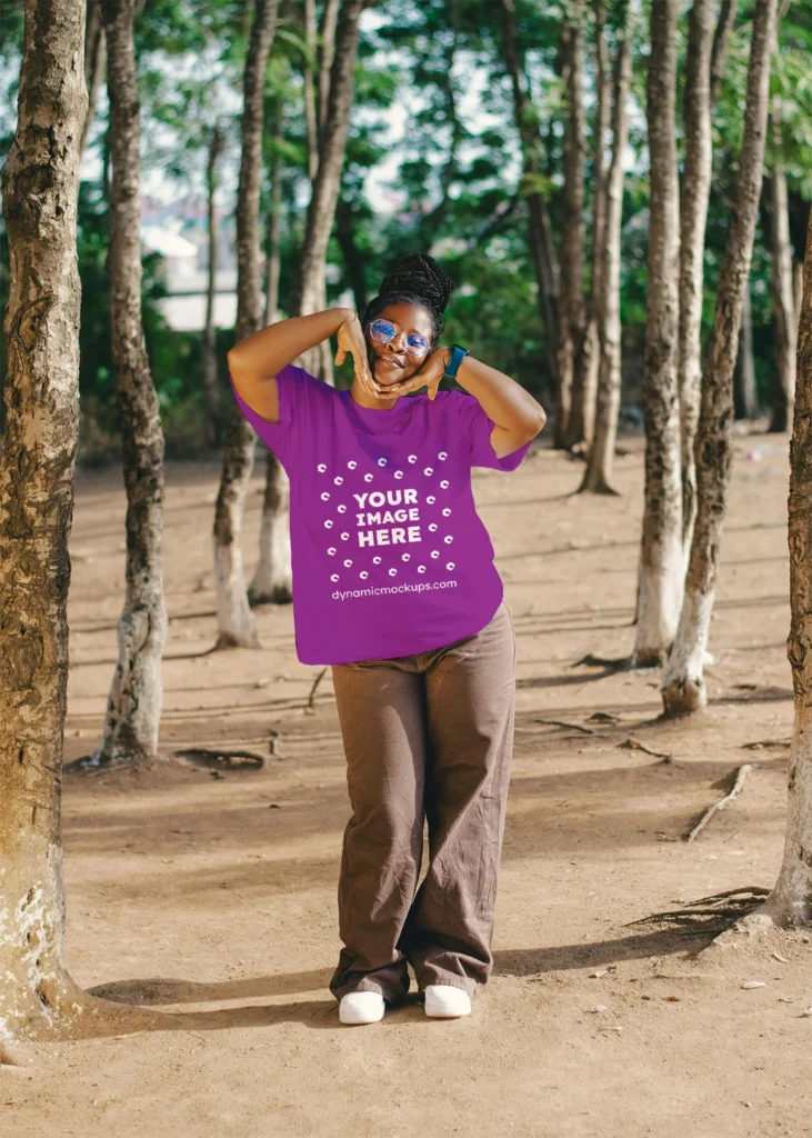 Woman Wearing Purple T-shirt Mockup Front View Template