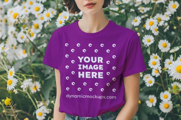 Woman Wearing Purple T-shirt Mockup Front View Template