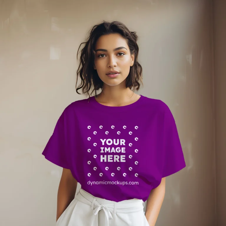 Woman Wearing Purple T-shirt Mockup Front View Template