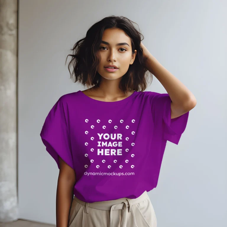 Woman Wearing Purple T-shirt Mockup Front View Template