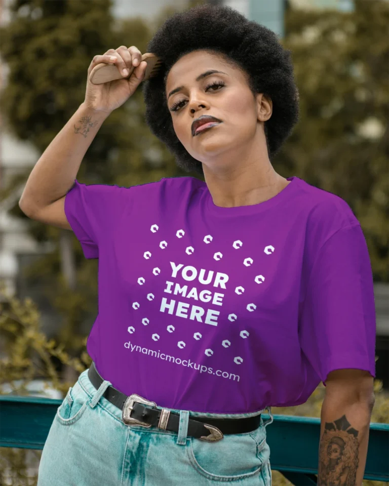 Woman Wearing Purple T-shirt Mockup Front View Template