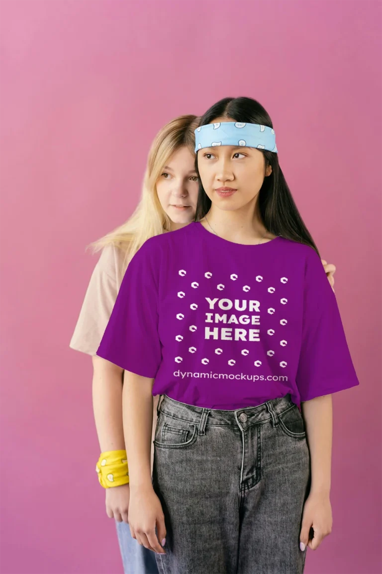 Woman Wearing Purple T-shirt Mockup Front View Template