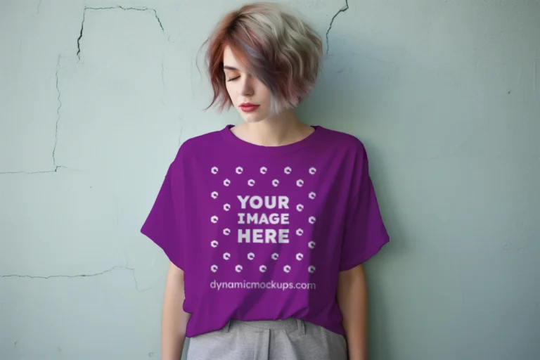 Woman Wearing Purple T-shirt Mockup Front View Template