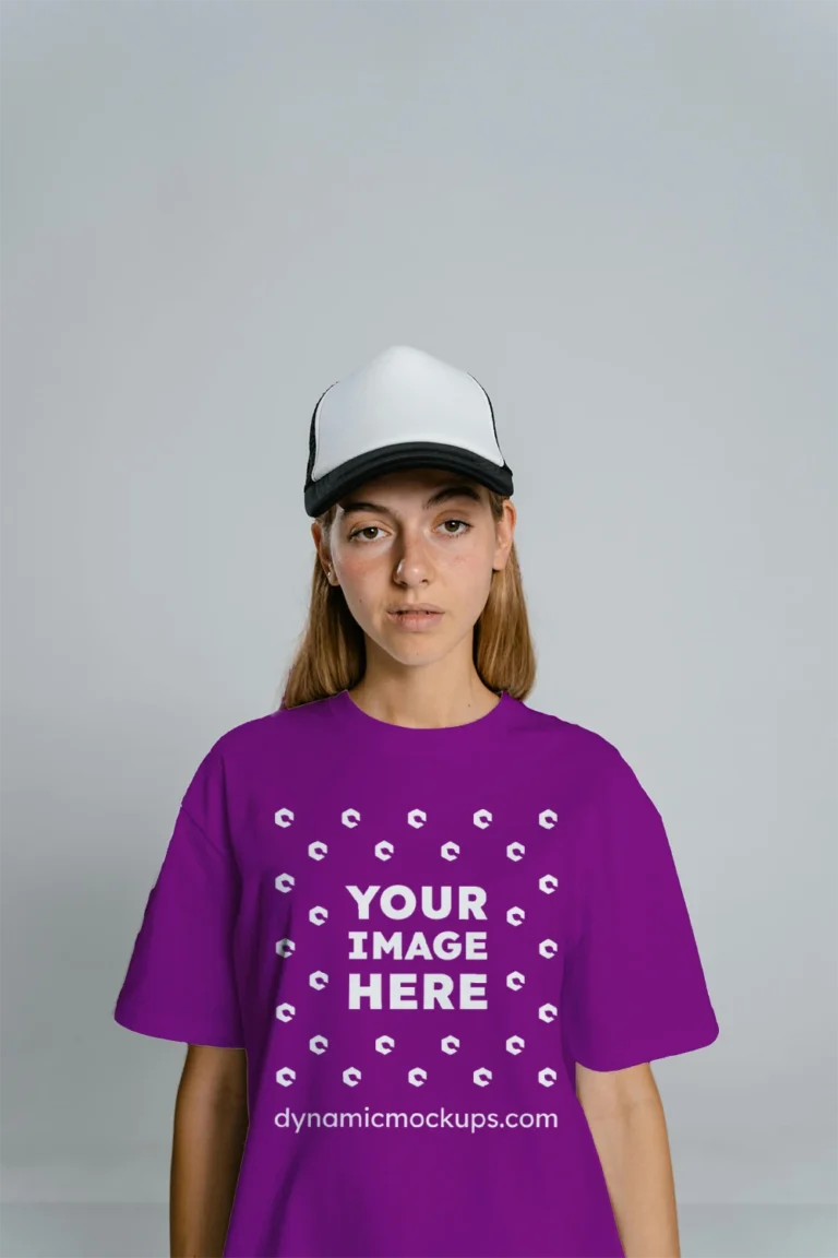 Woman Wearing Purple T-shirt Mockup Front View Template