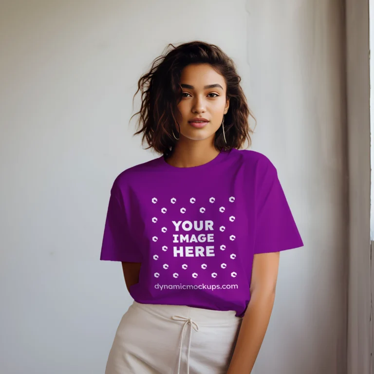 Woman Wearing Purple T-shirt Mockup Front View Template