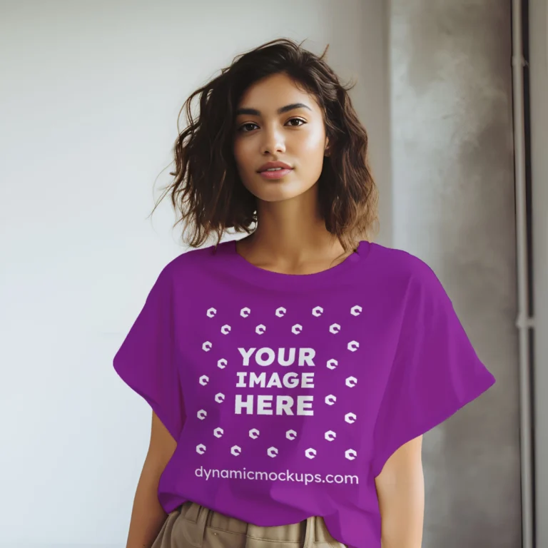 Woman Wearing Purple T-shirt Mockup Front View Template