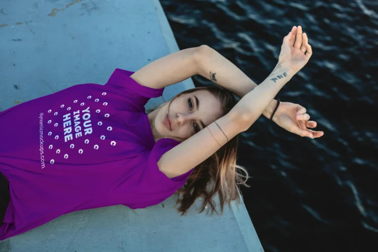 Woman Wearing Purple T-shirt Mockup Front View Template