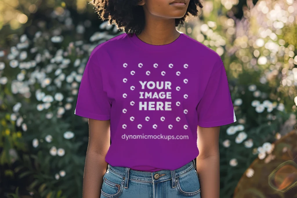 Woman Wearing Purple T-shirt Mockup Front View Template