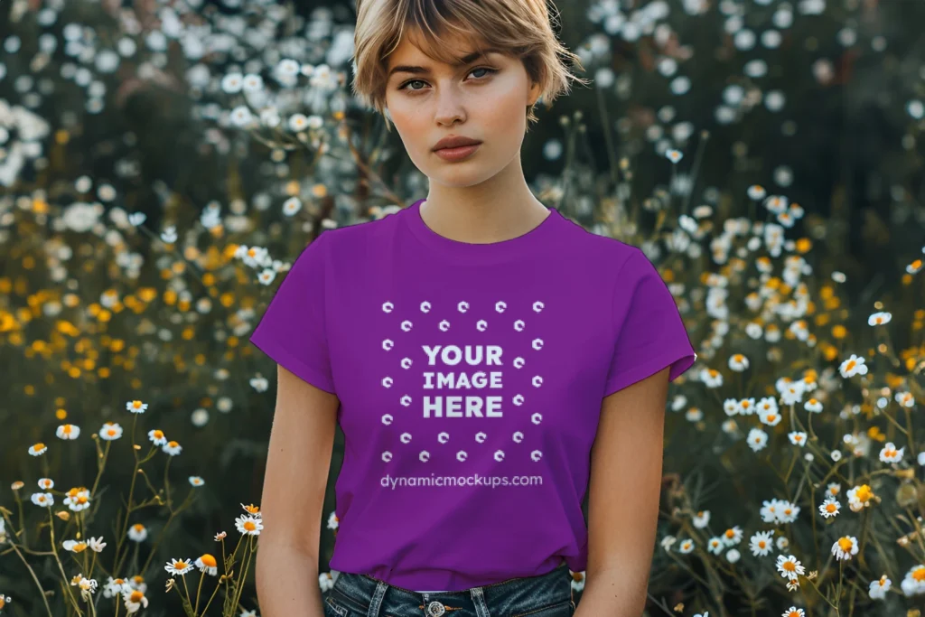 Woman Wearing Purple T-shirt Mockup Front View Template