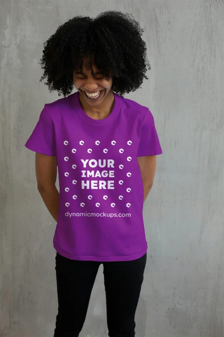 Woman Wearing Purple T-shirt Mockup Front View Template