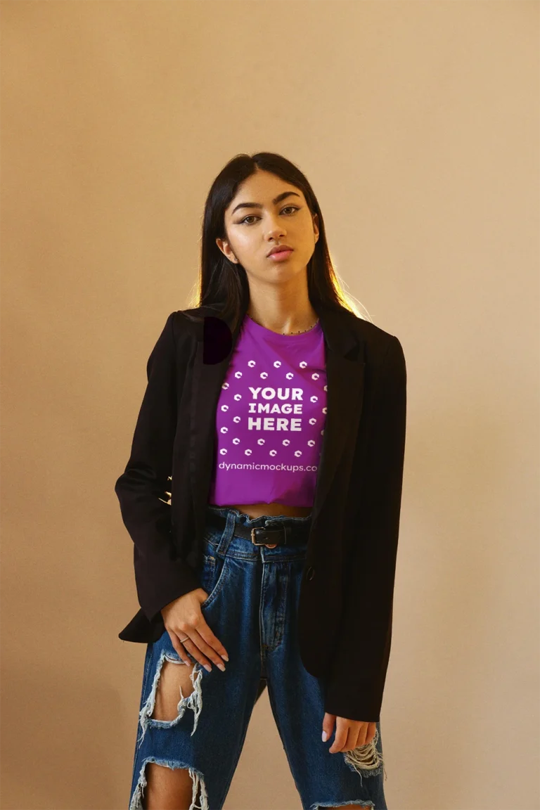 Woman Wearing Purple T-shirt Mockup Front View Template