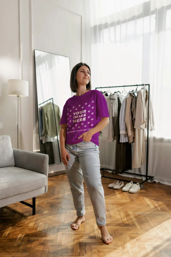 Woman Wearing Purple T-shirt Mockup Front View Template