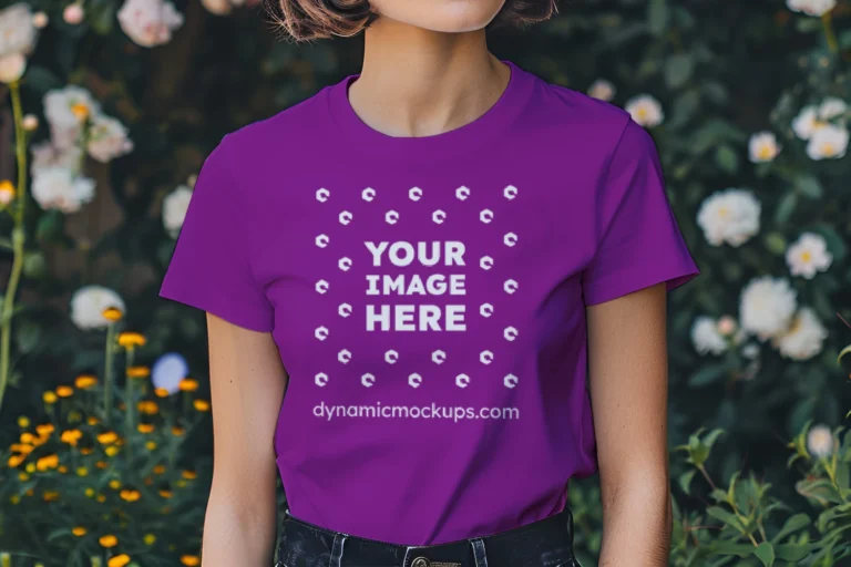 Woman Wearing Purple T-shirt Mockup Front View Template