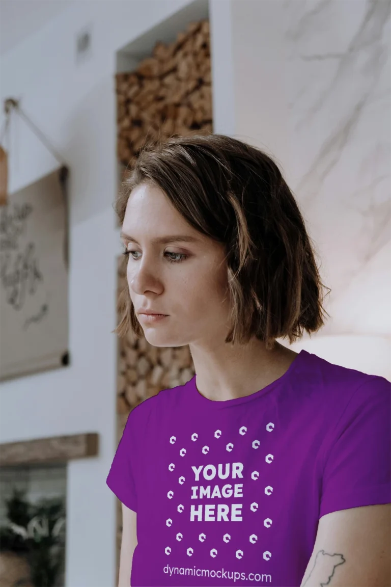 Woman Wearing Purple T-shirt Mockup Front View Template