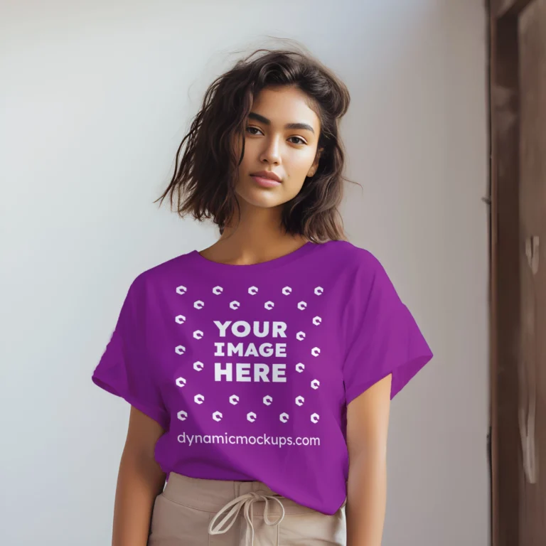 Woman Wearing Purple T-shirt Mockup Front View Template