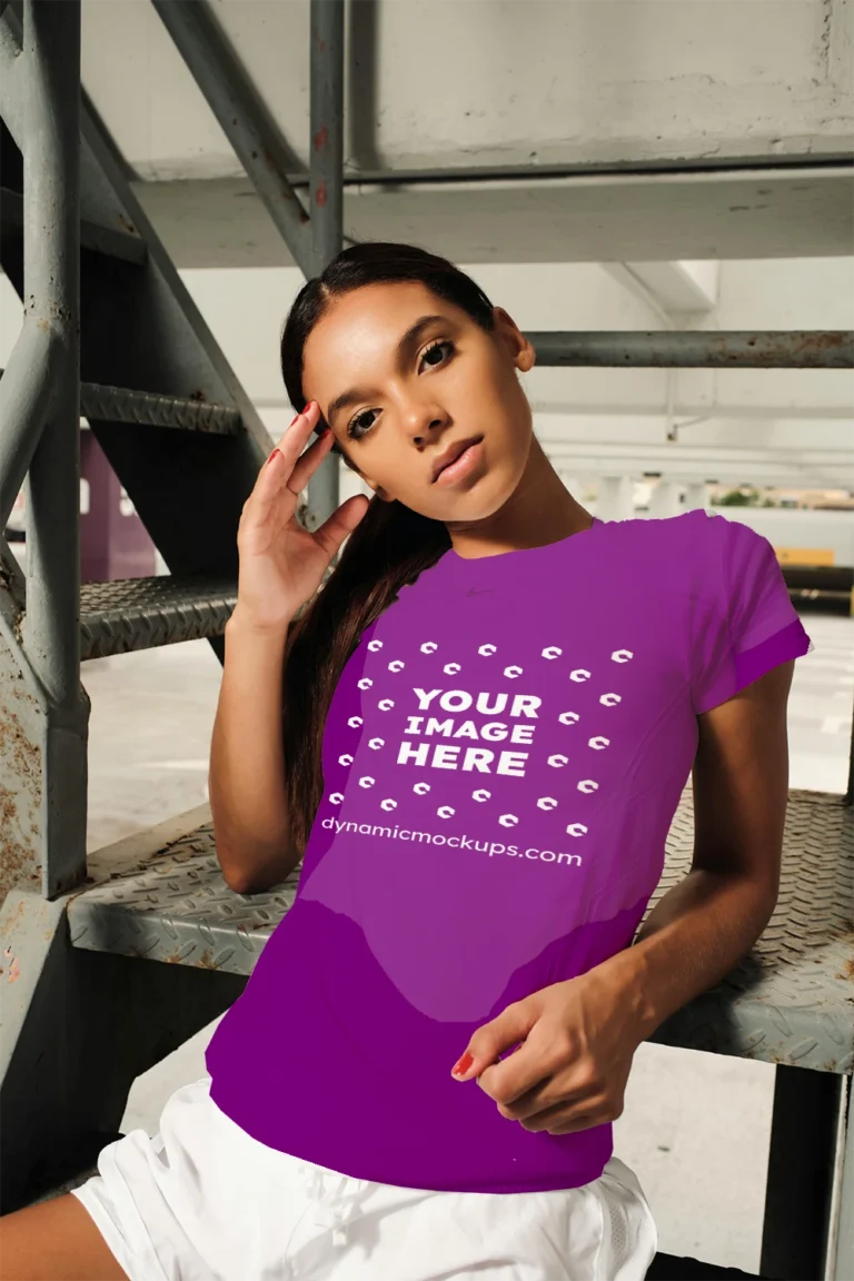 Woman Wearing Purple T-shirt Mockup Front View Template