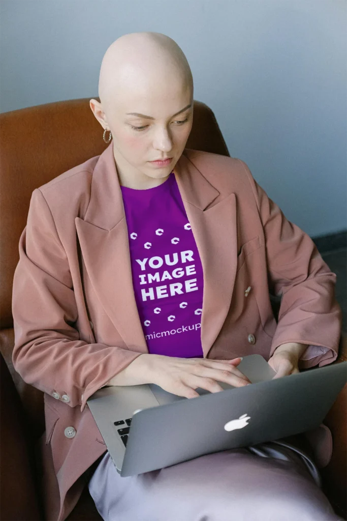 Woman Wearing Purple T-shirt Mockup Front View Template