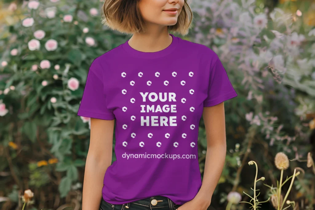 Woman Wearing Purple T-shirt Mockup Front View Template