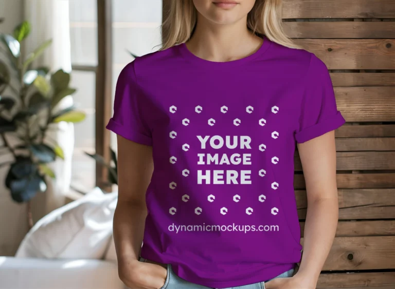 Woman Wearing Purple T-shirt Mockup Front View Template