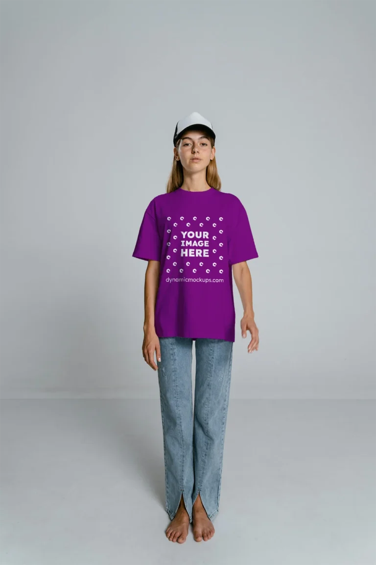 Woman Wearing Purple T-shirt Mockup Front View Template