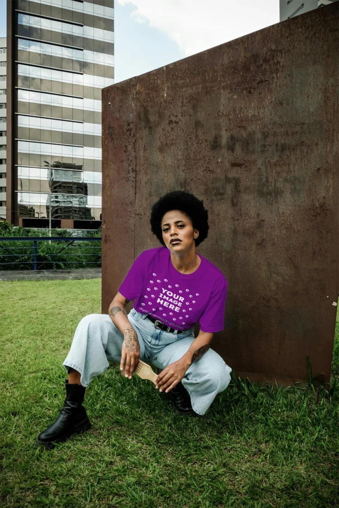 Woman Wearing Purple T-shirt Mockup Front View Template