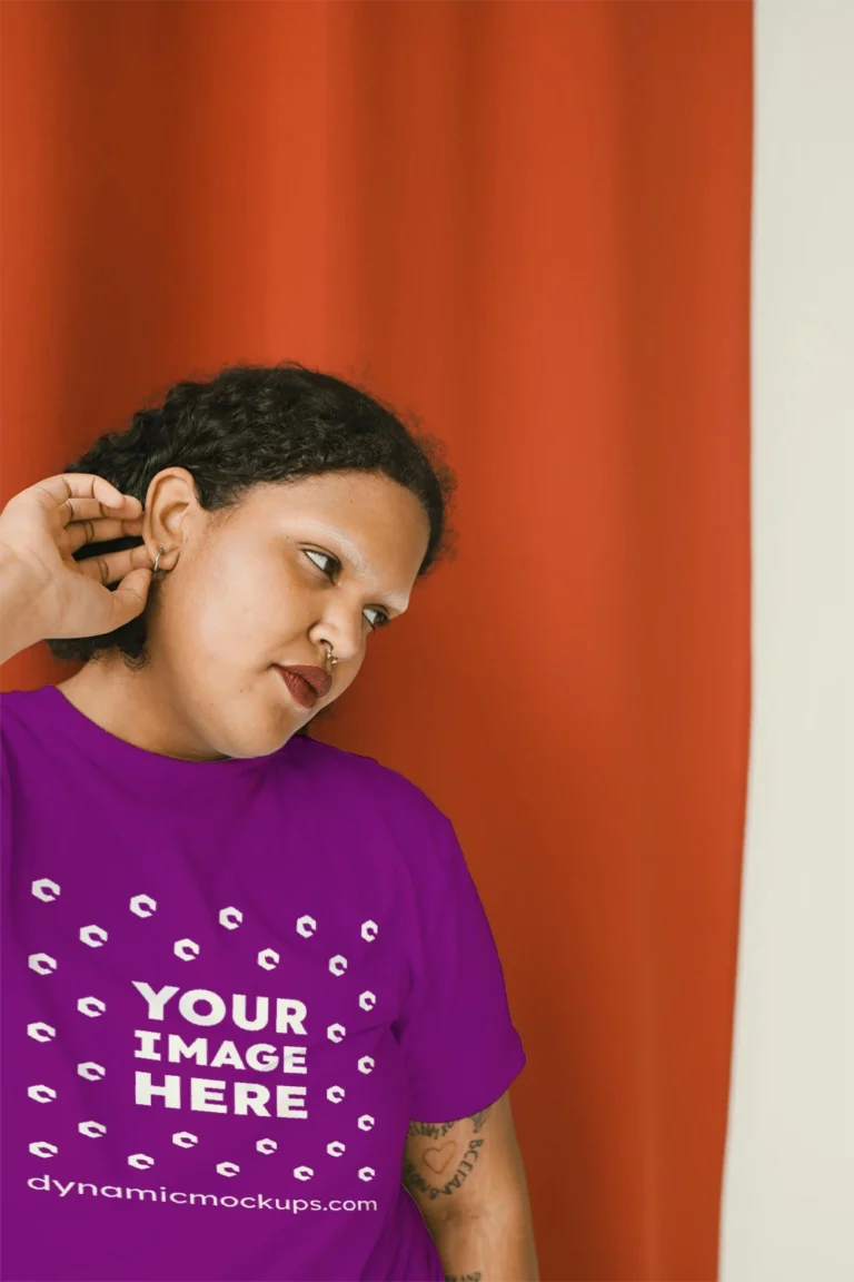 Woman Wearing Purple T-shirt Mockup Front View Template