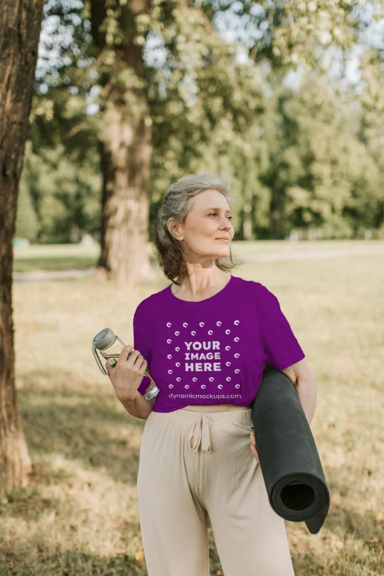 Woman Wearing Purple T-shirt Mockup Front View Template