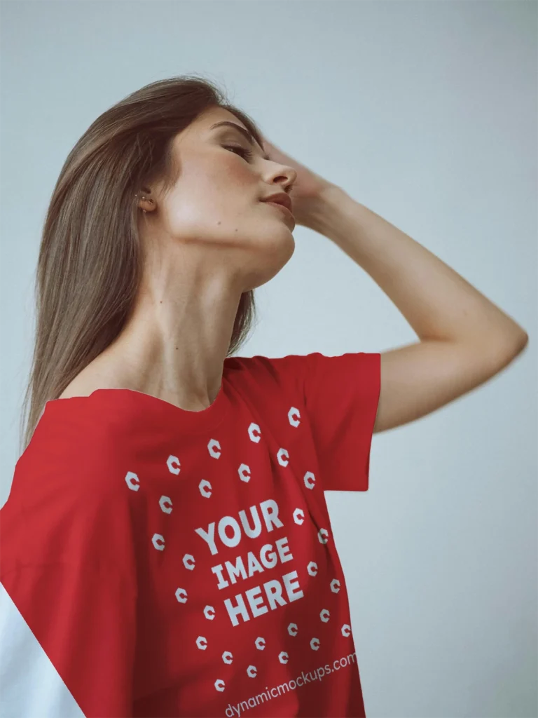 Woman Wearing Red T-shirt Mockup Front View Template