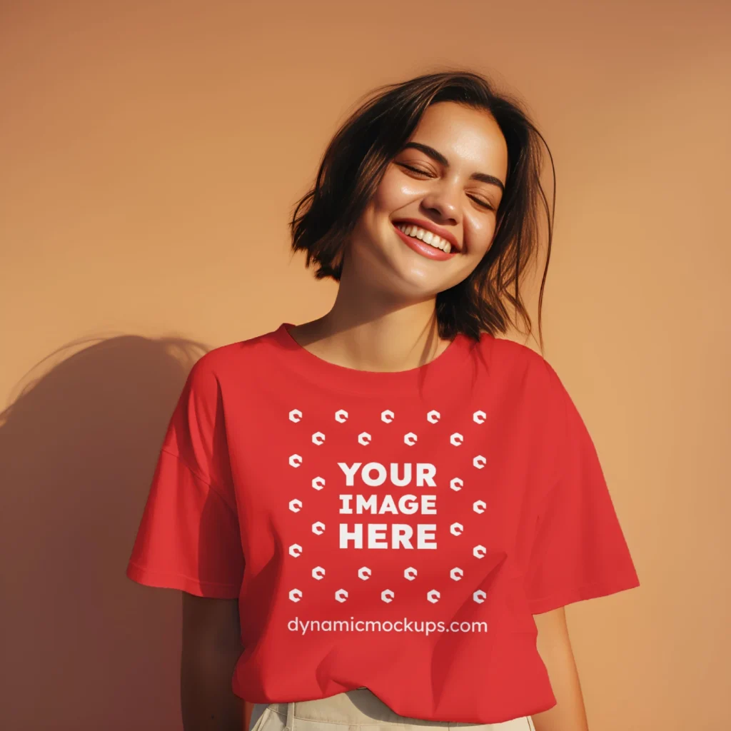 Woman Wearing Red T-shirt Mockup Front View Template