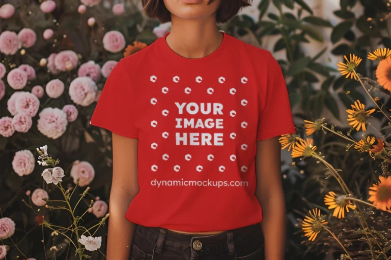 Woman Wearing Red T-shirt Mockup Front View Template