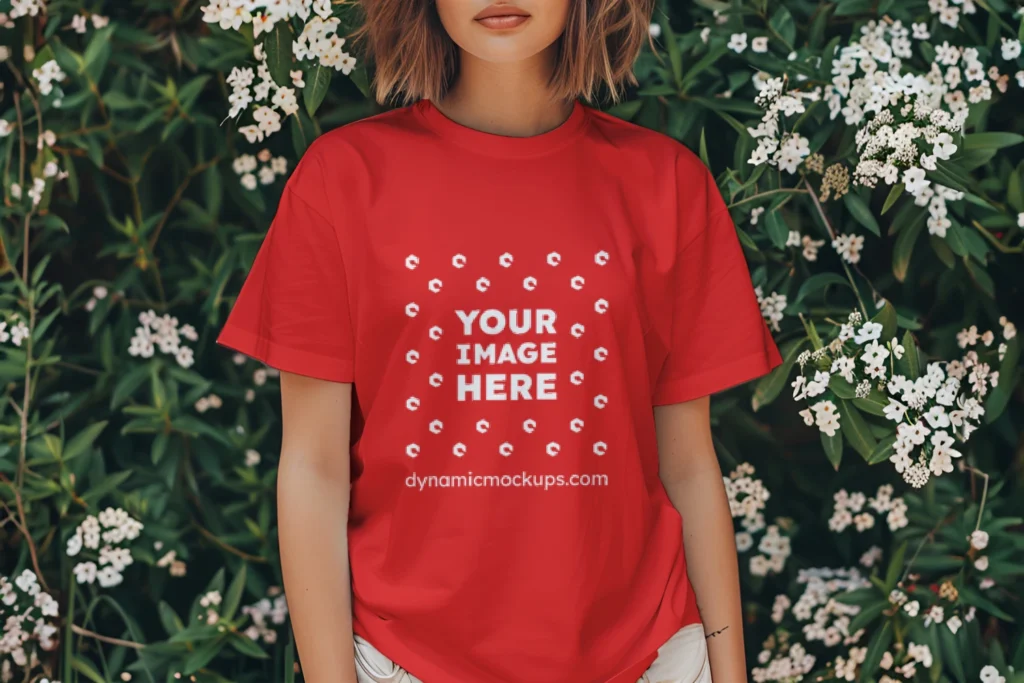 Woman Wearing Red T-shirt Mockup Front View Template