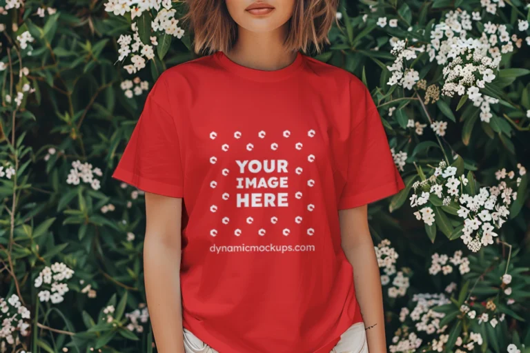 Woman Wearing Red T-shirt Mockup Front View Template