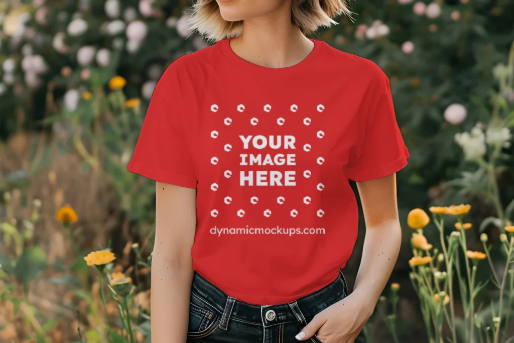 Woman Wearing Red T-shirt Mockup Front View Template